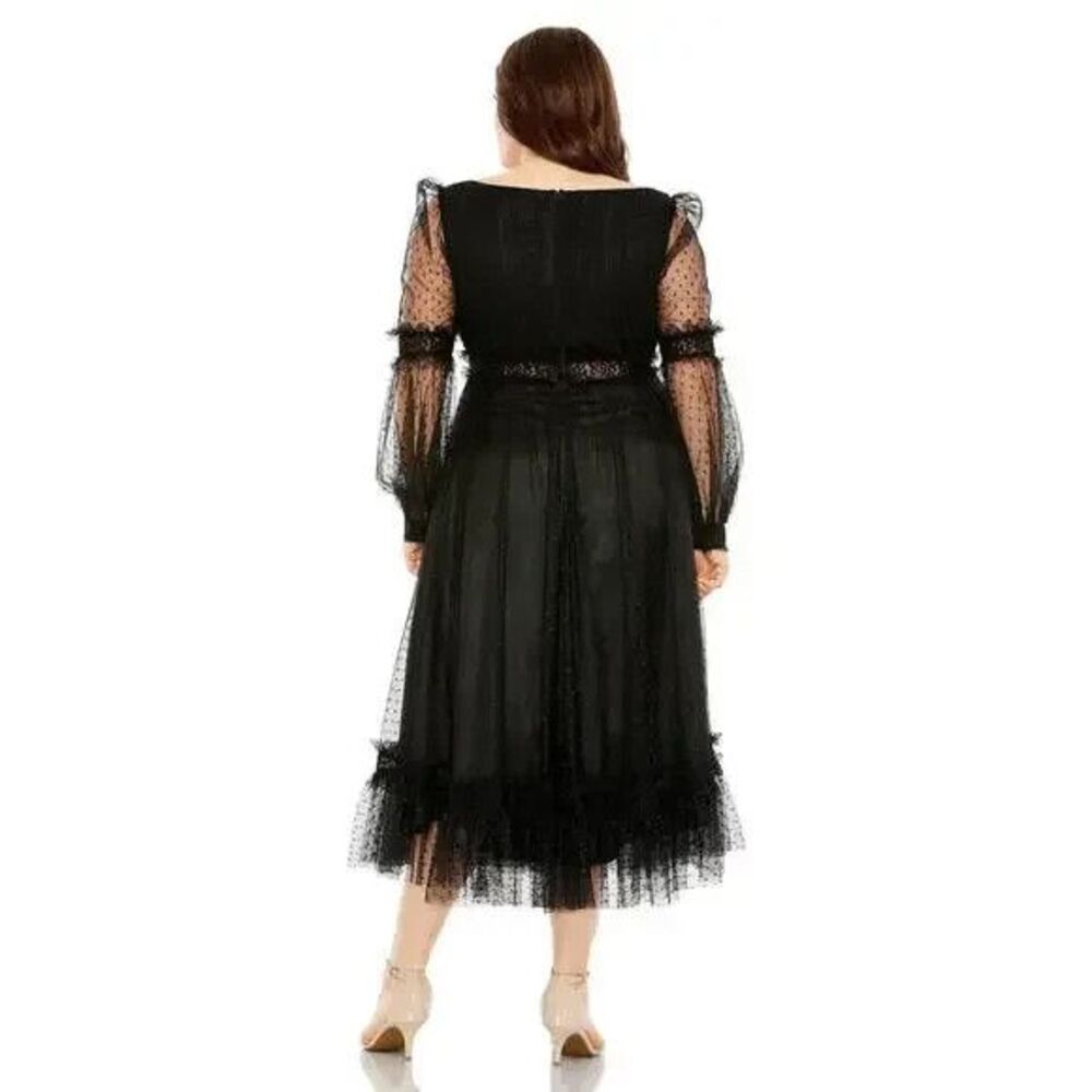 MAC‎ DUGGAL 68567 20W SHEER SLEEVE SWISS DOT BLACK MIDI DRESS BLACK - Picture 3 of 5